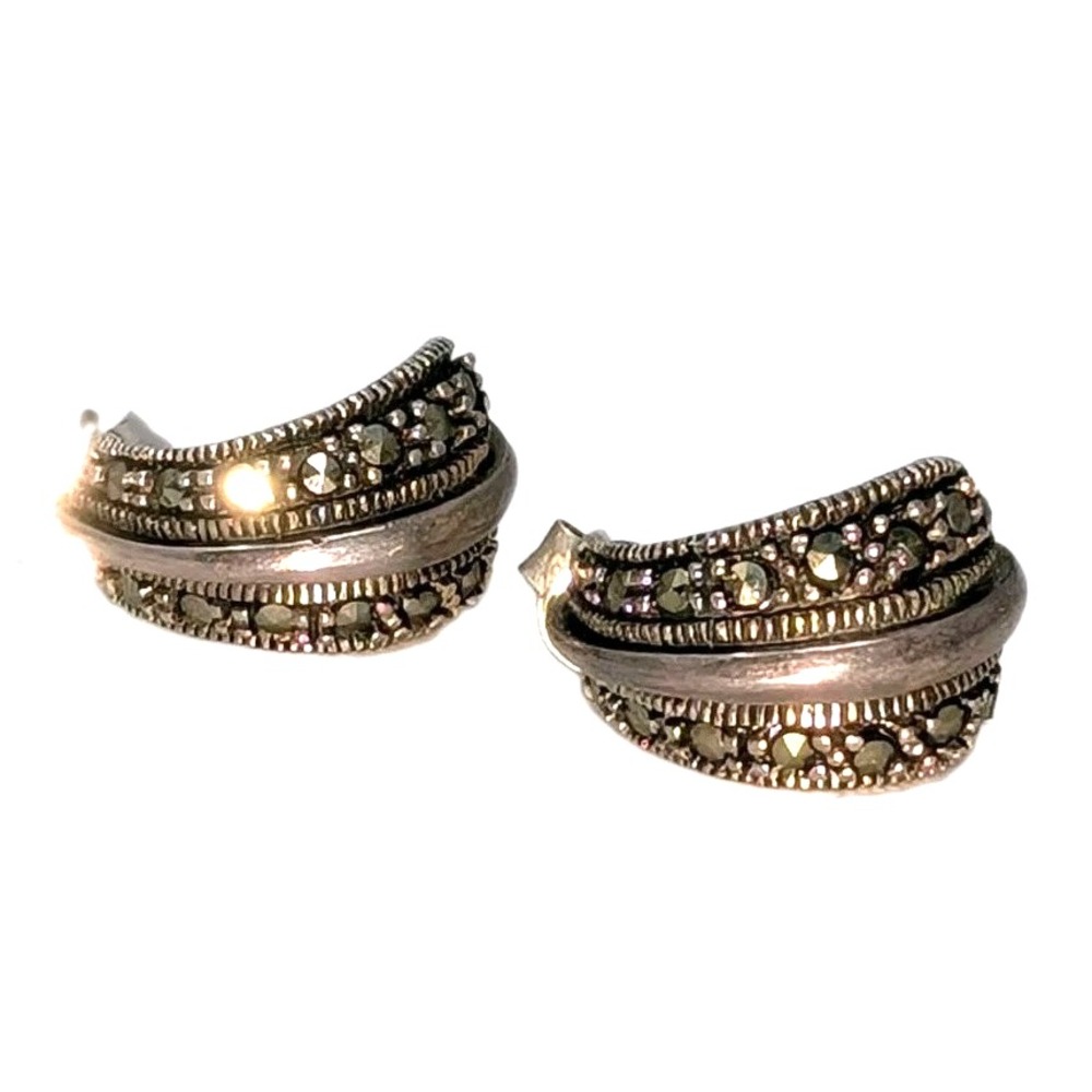 Vintage Sterling Silver 925 Earrings Marcasite Half Hoop Crescent Post 4g